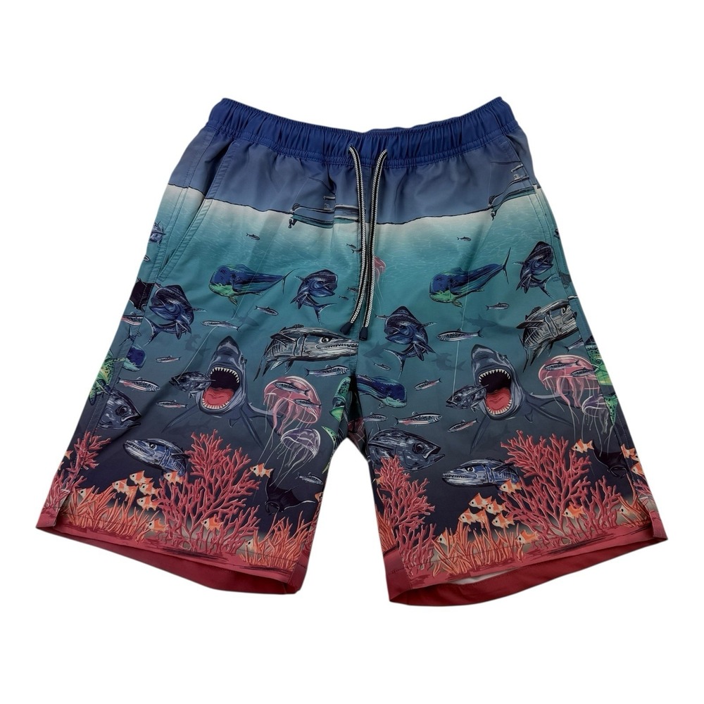 Peter Millar Blue Ocean Shark Fish Swim Trunks Drawstring Stretch Waist Sz Small